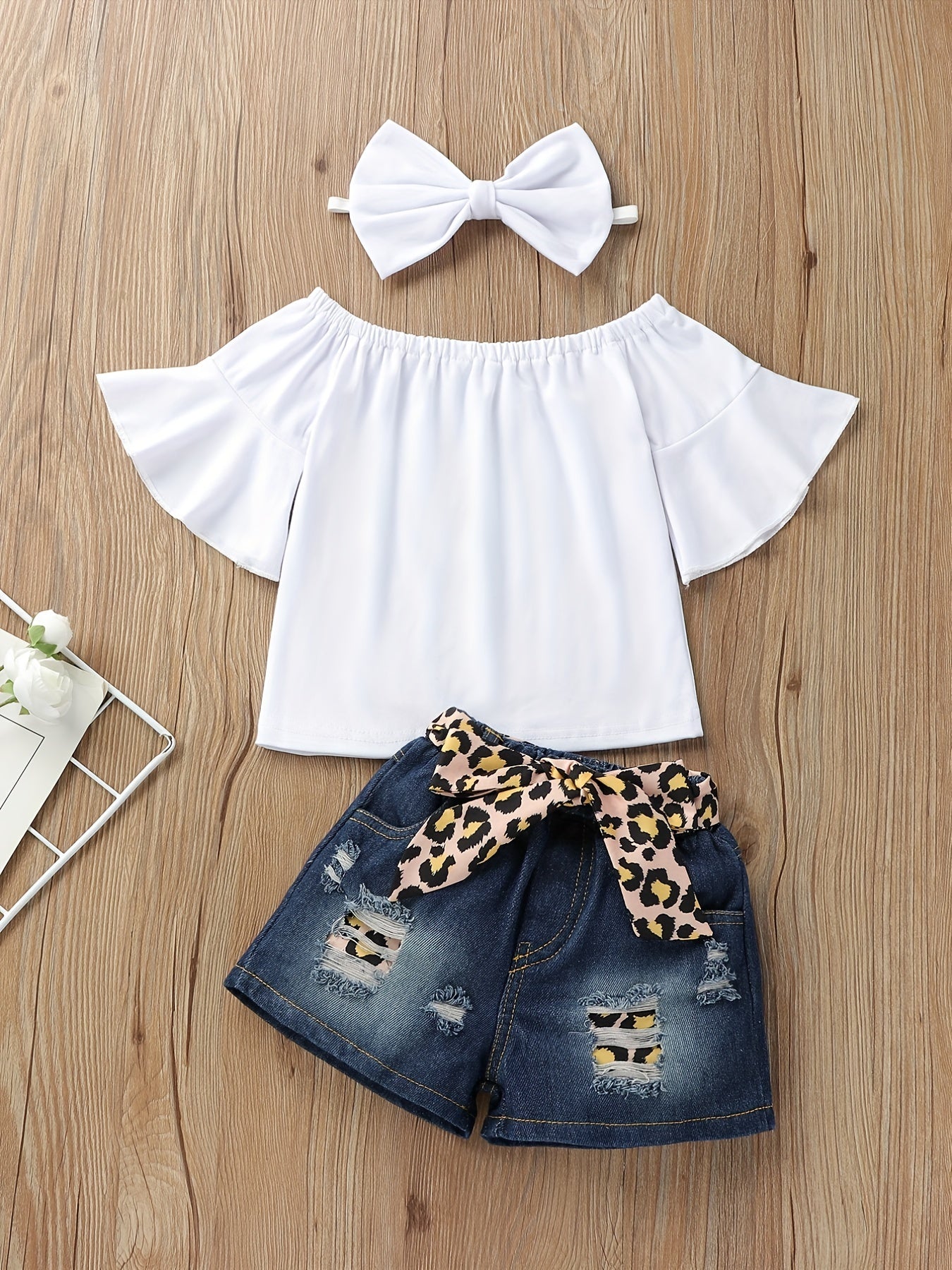3pc Girls Off Shoulder Top & Denim Jeans Set + Headband
