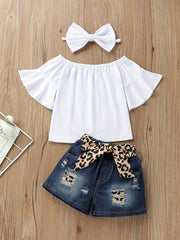 3pc Girls Off Shoulder Top & Denim Jeans Set + Headband
