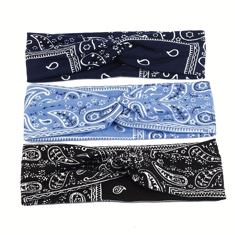 Floral Pattern Headband Elastic Boho Hair Band Cross Knotted Hair Accessories