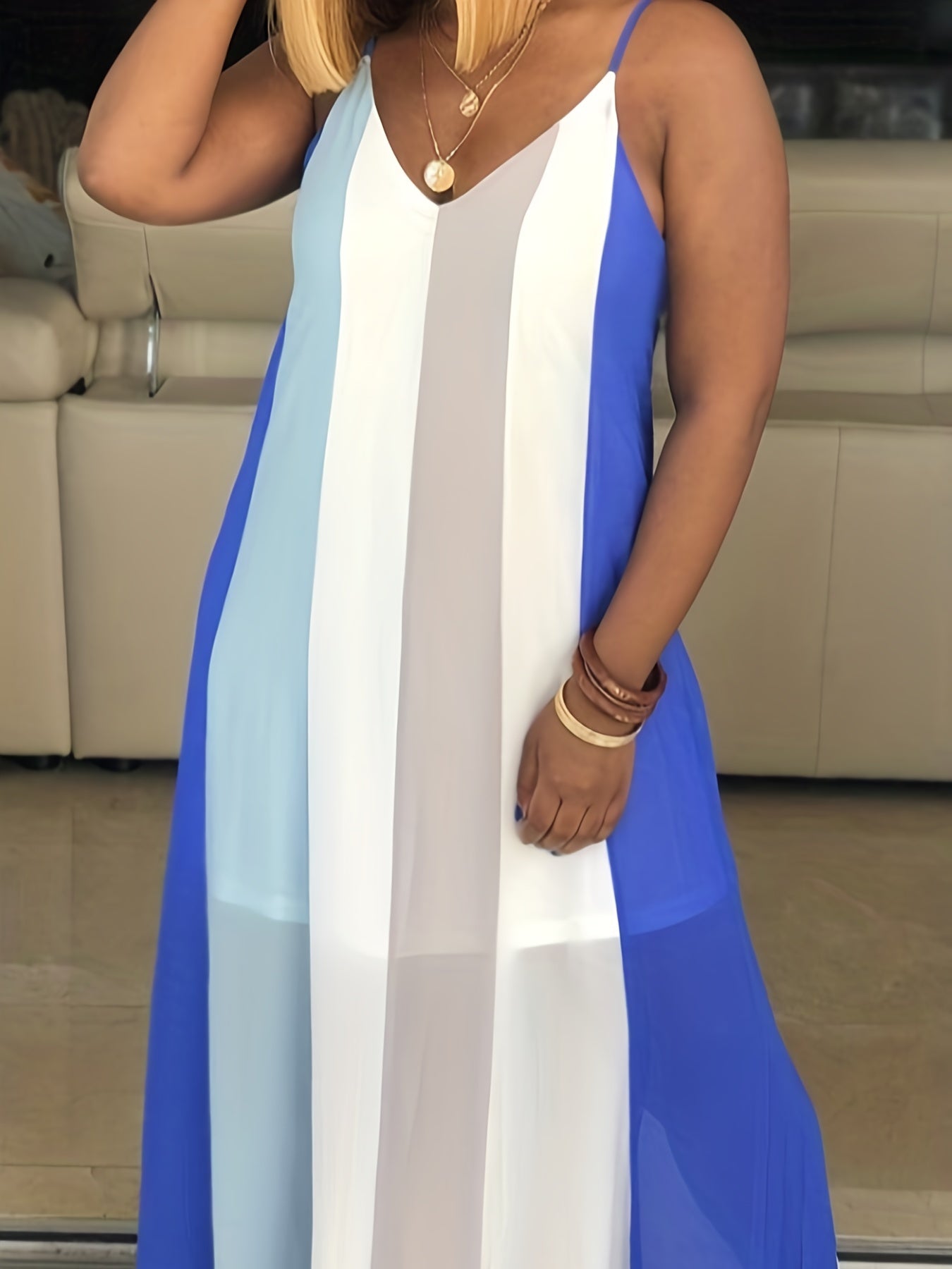 Colorblock Stripe V Neck Loose Fit Cami Summer Dress