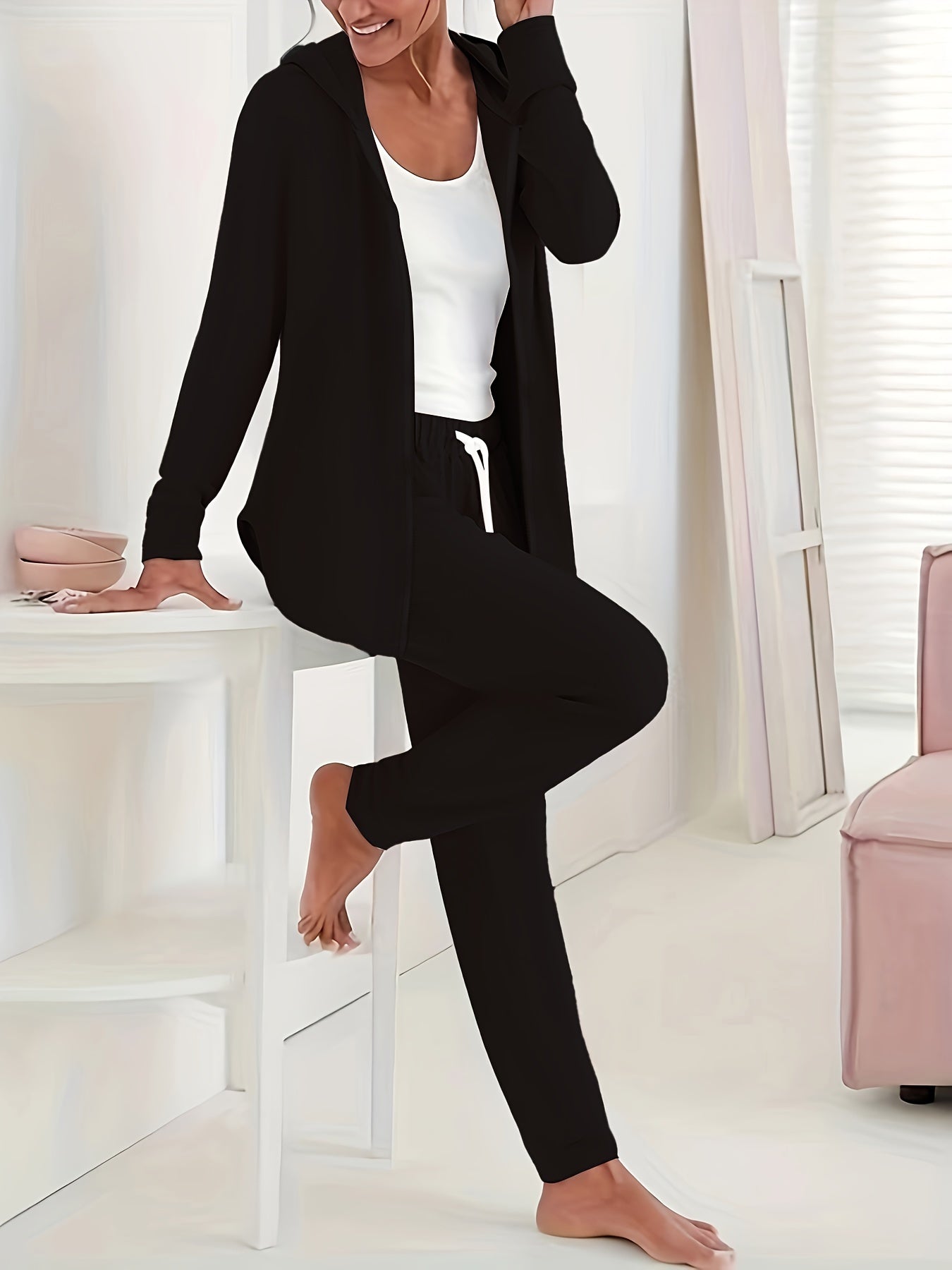  Solid Hooded Zip Coat & Drawstring Pants Set