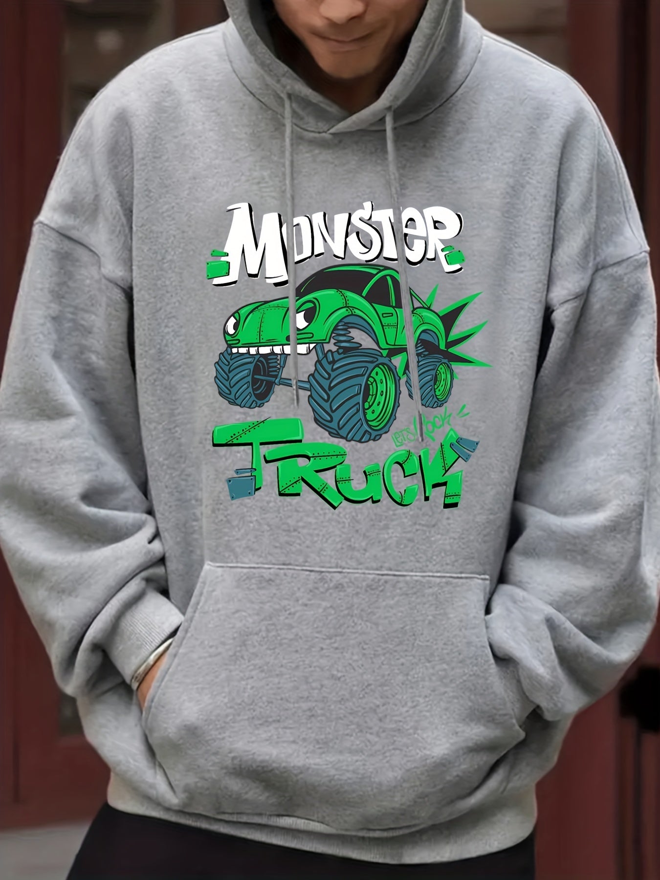 Men's Car Monster Print Hooded Sweatshirt Long Sleeve Drawstrings