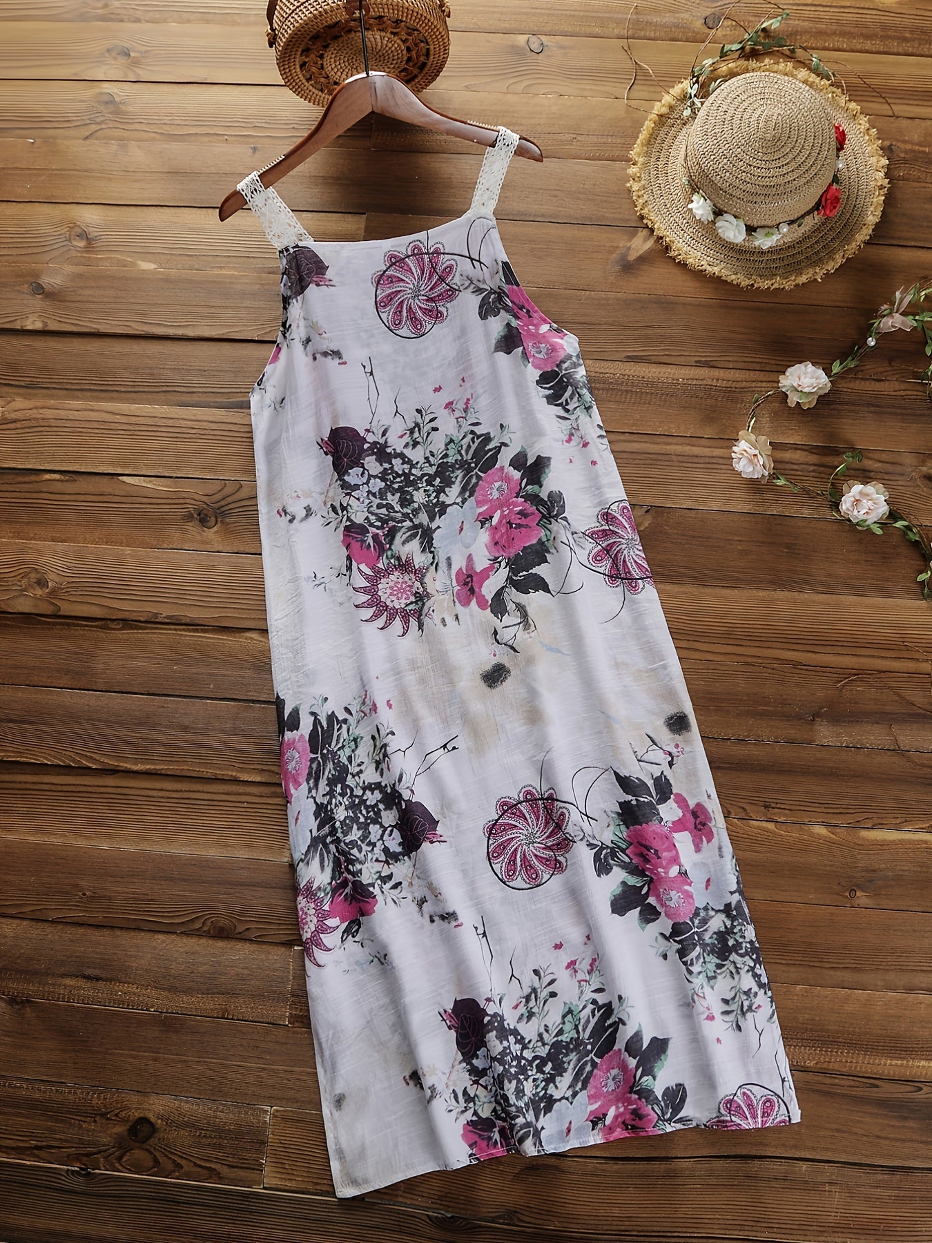  Floral Print Lace Strap Cami Dress