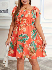  Boho Dress Women's Plus Tropical Print Off Shoulder A line Dress