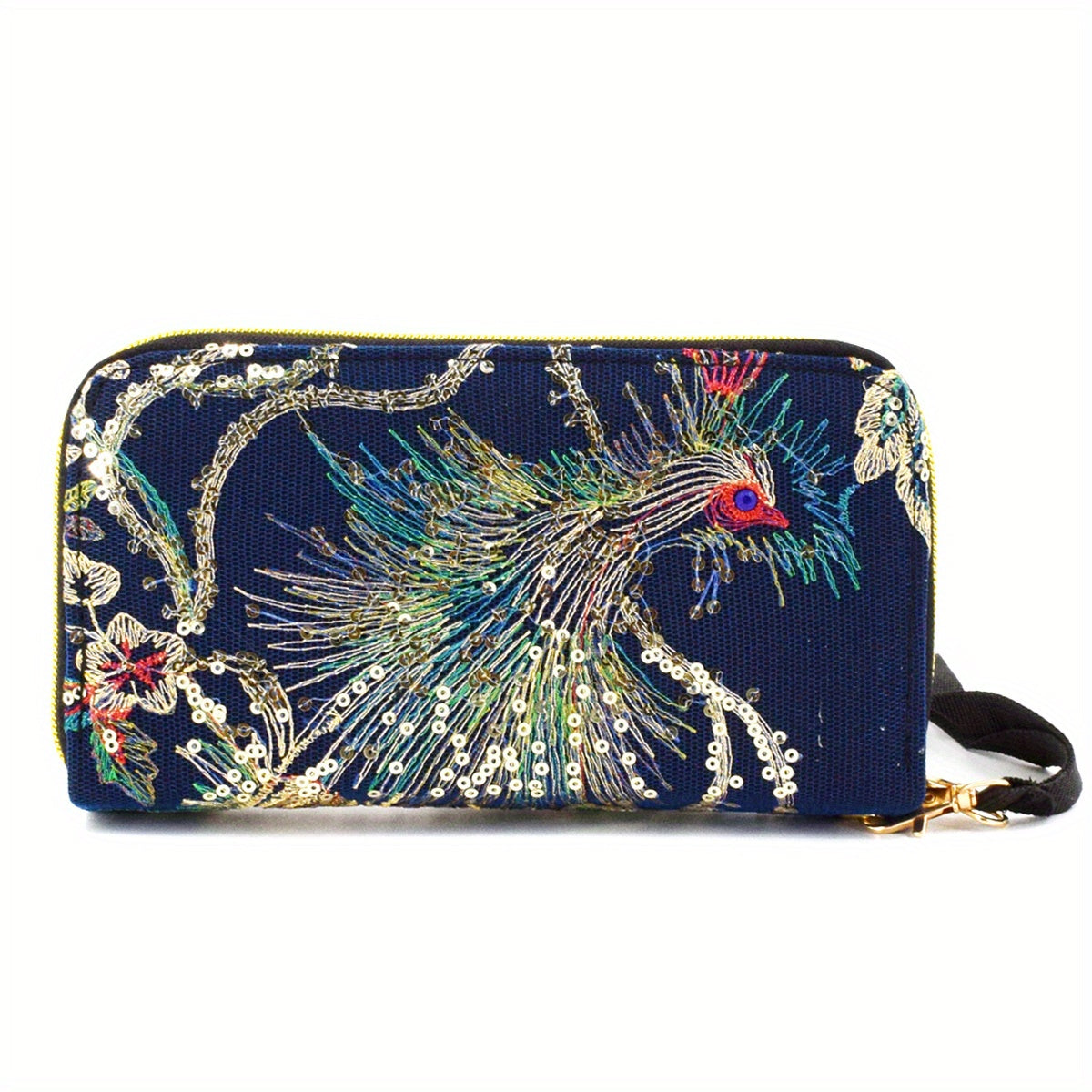 Women's Embroidery Wallet Peacock Print Clutch Layered Phone Bag
