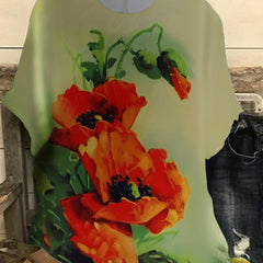  Floral Print Short Sleeve Round Neck T shirt