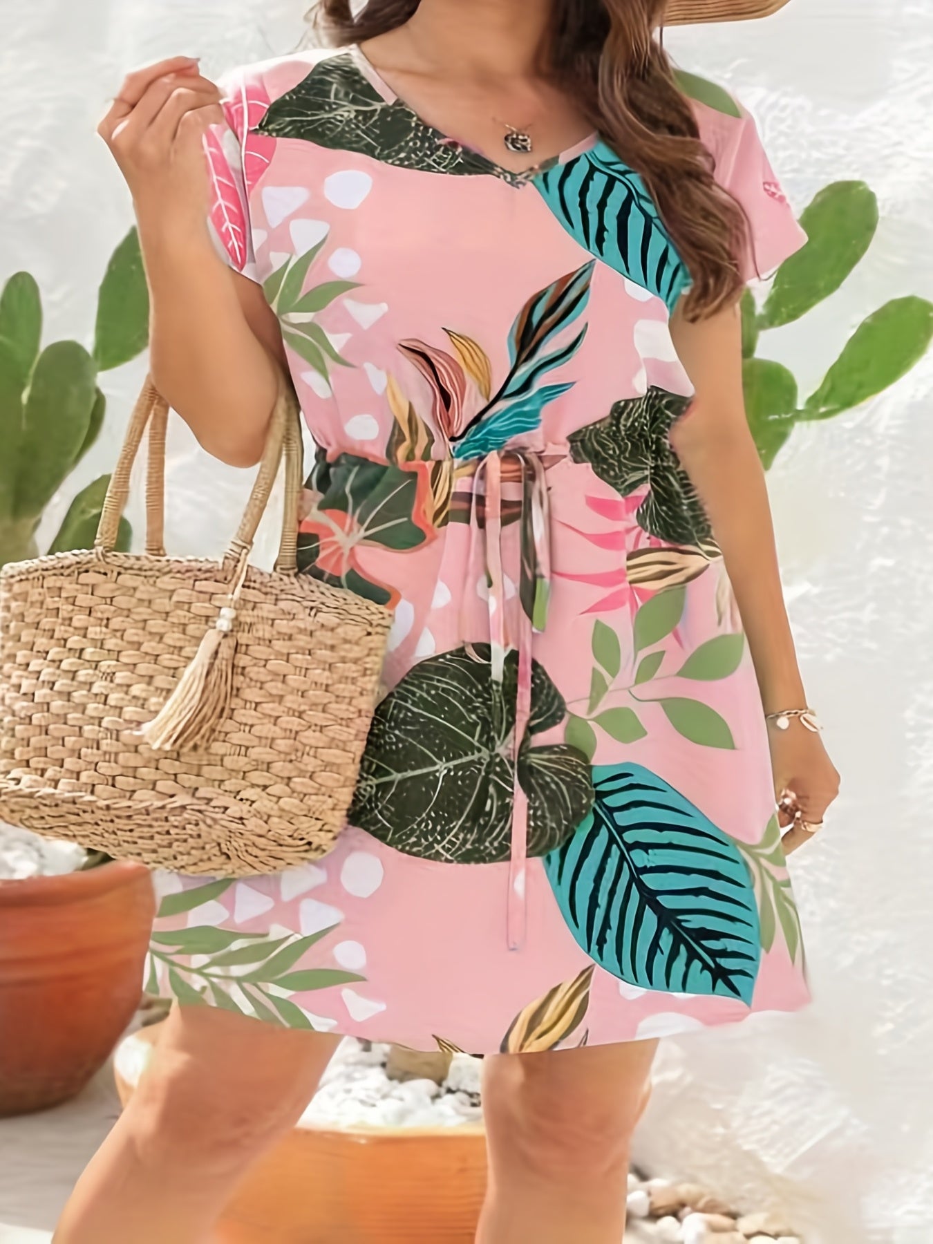  Leaf Print Short Sleeve V Neck Drawstring Nipped Waist Ruched Dress
