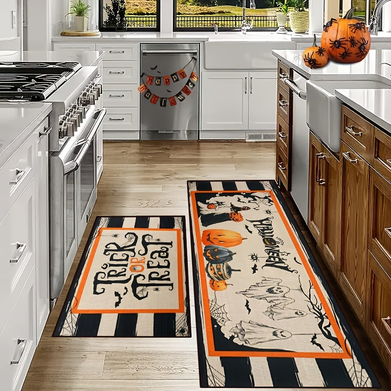 2pcs Halloween Pumpkin Kitchen Rugs Absorbent Non Slip Waterproof Floor Mats