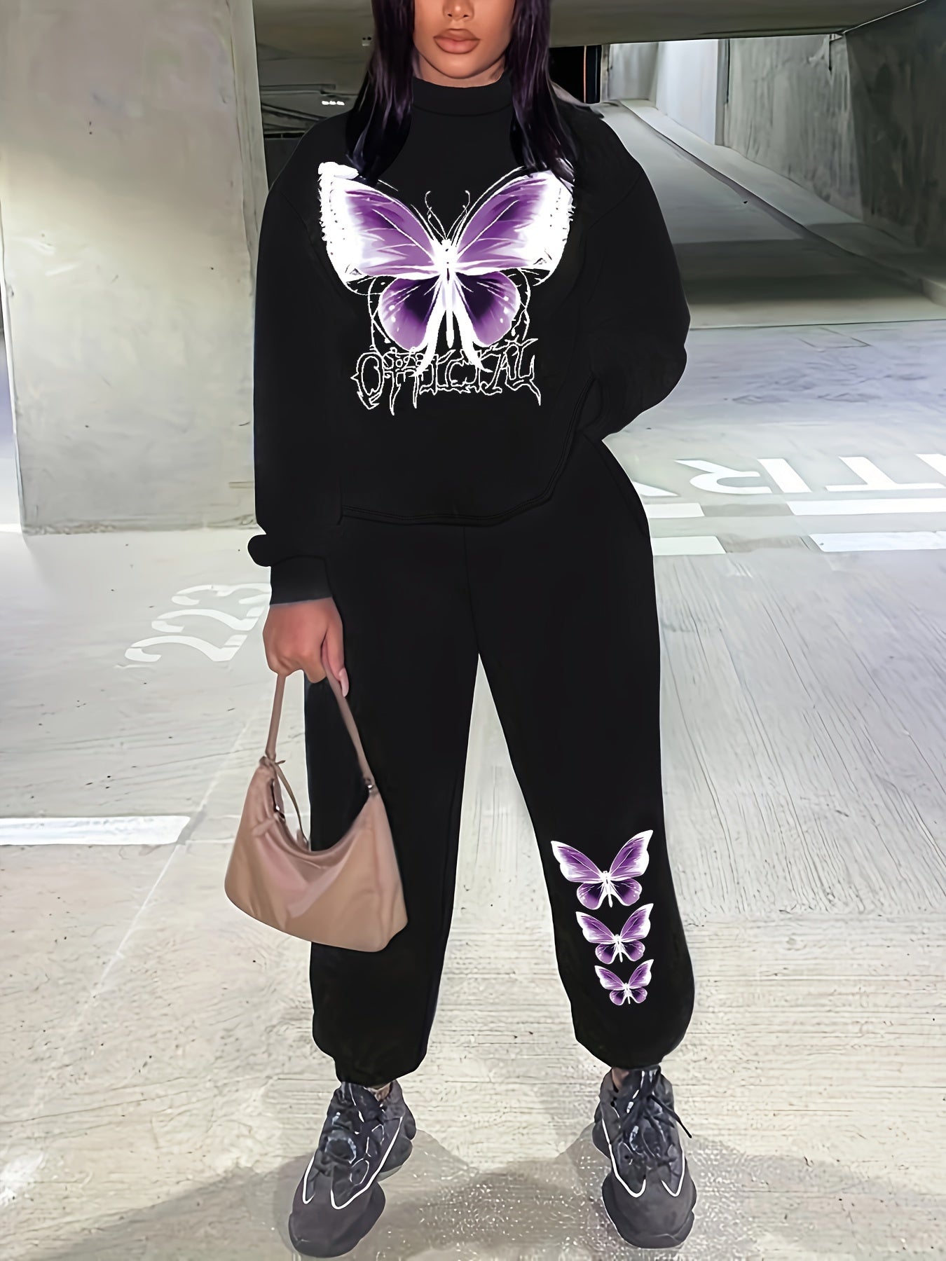  Butterfly Print Top & Joggers Outfit Two Piece Set