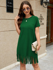  Solid Short Sleeve Casual Dress with Fringe Trim
