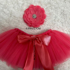 Watermelon Red Tutu Bow Skirt & Flower Headdress for Baby Girls