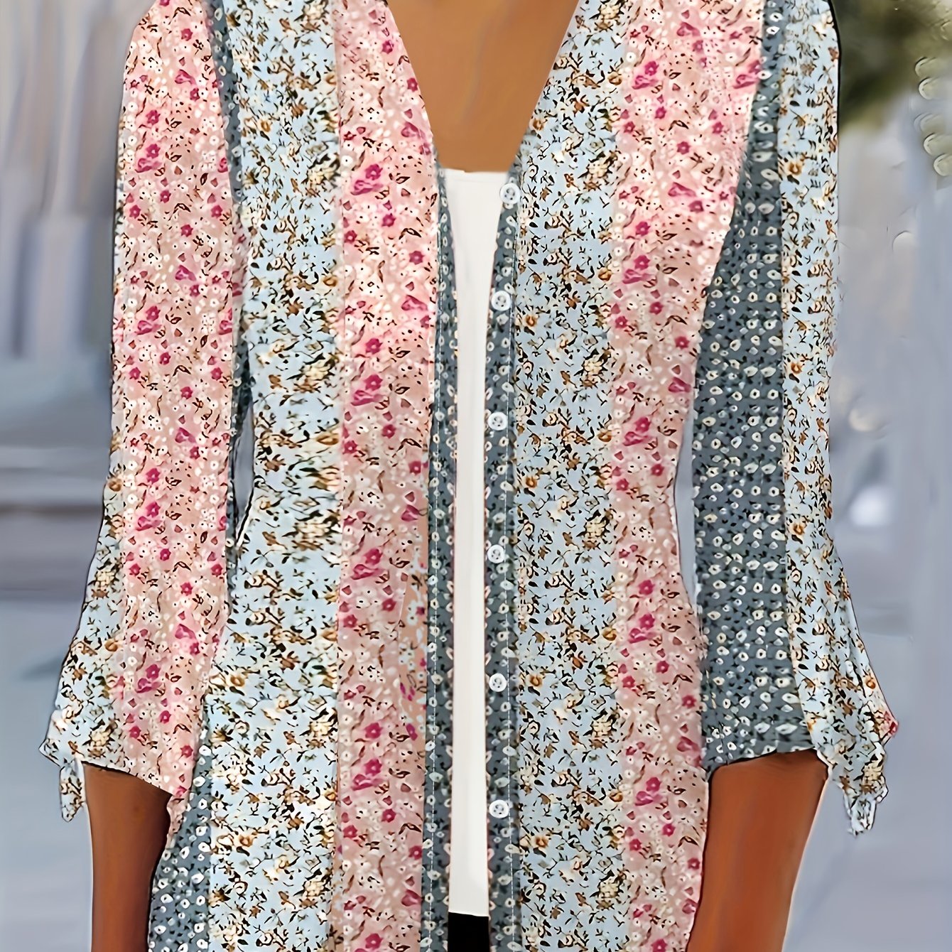  Boho Cardigan Colorblock Floral Print