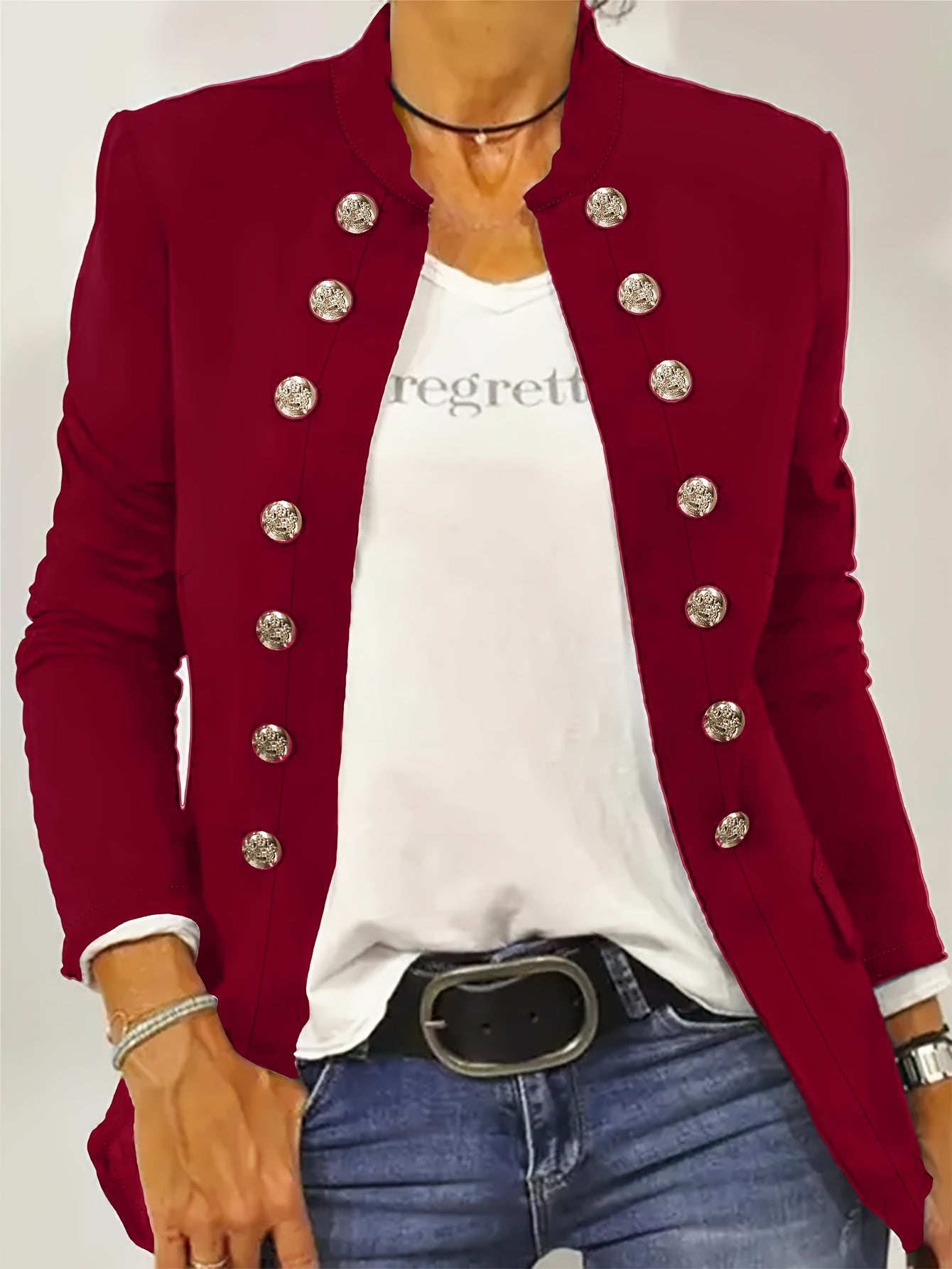  Casual Blazer Solid Button Long Sleeve Stand Collar