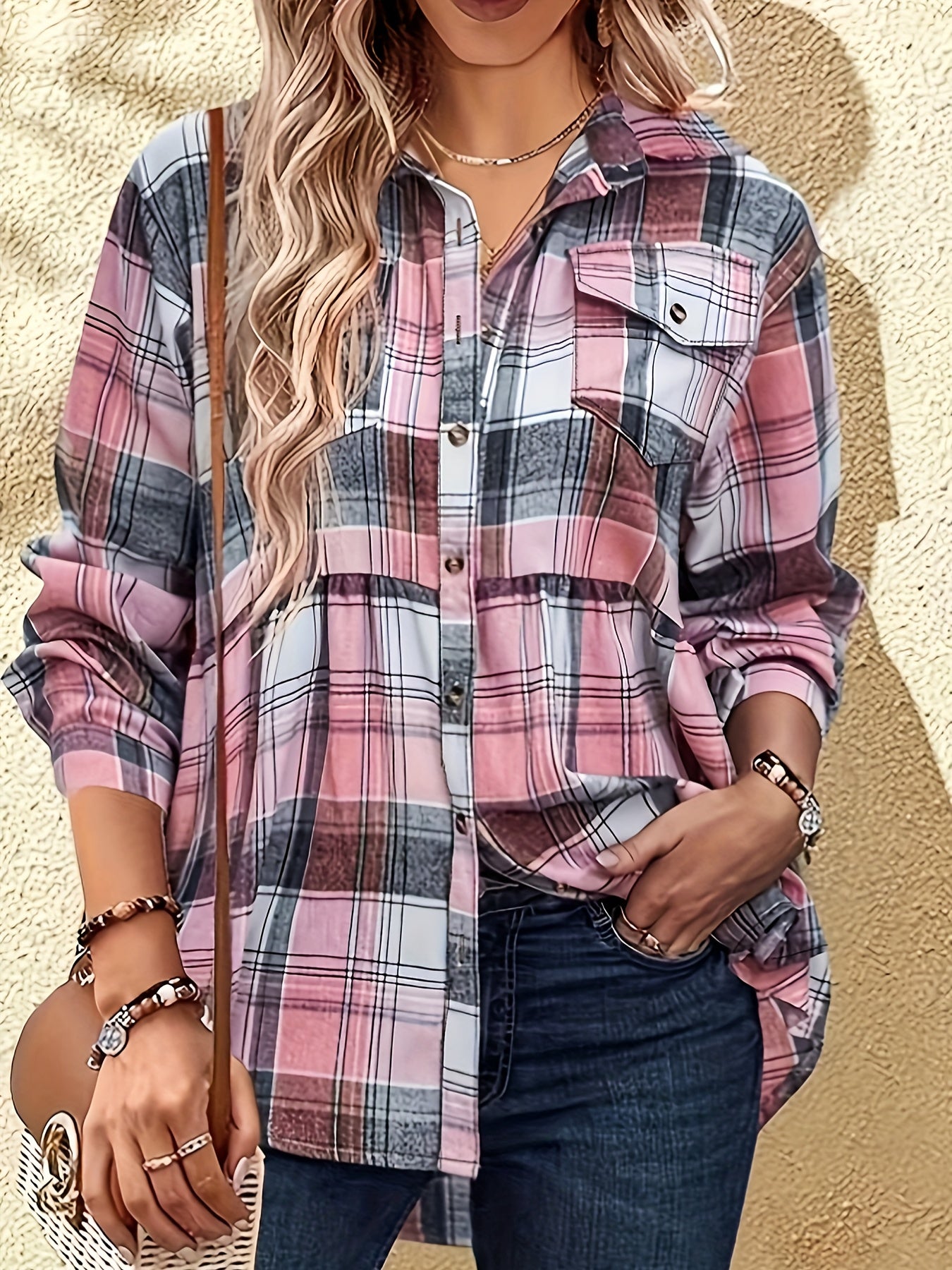  Women's Plaid Print Long Sleeve Peplum Shirt
