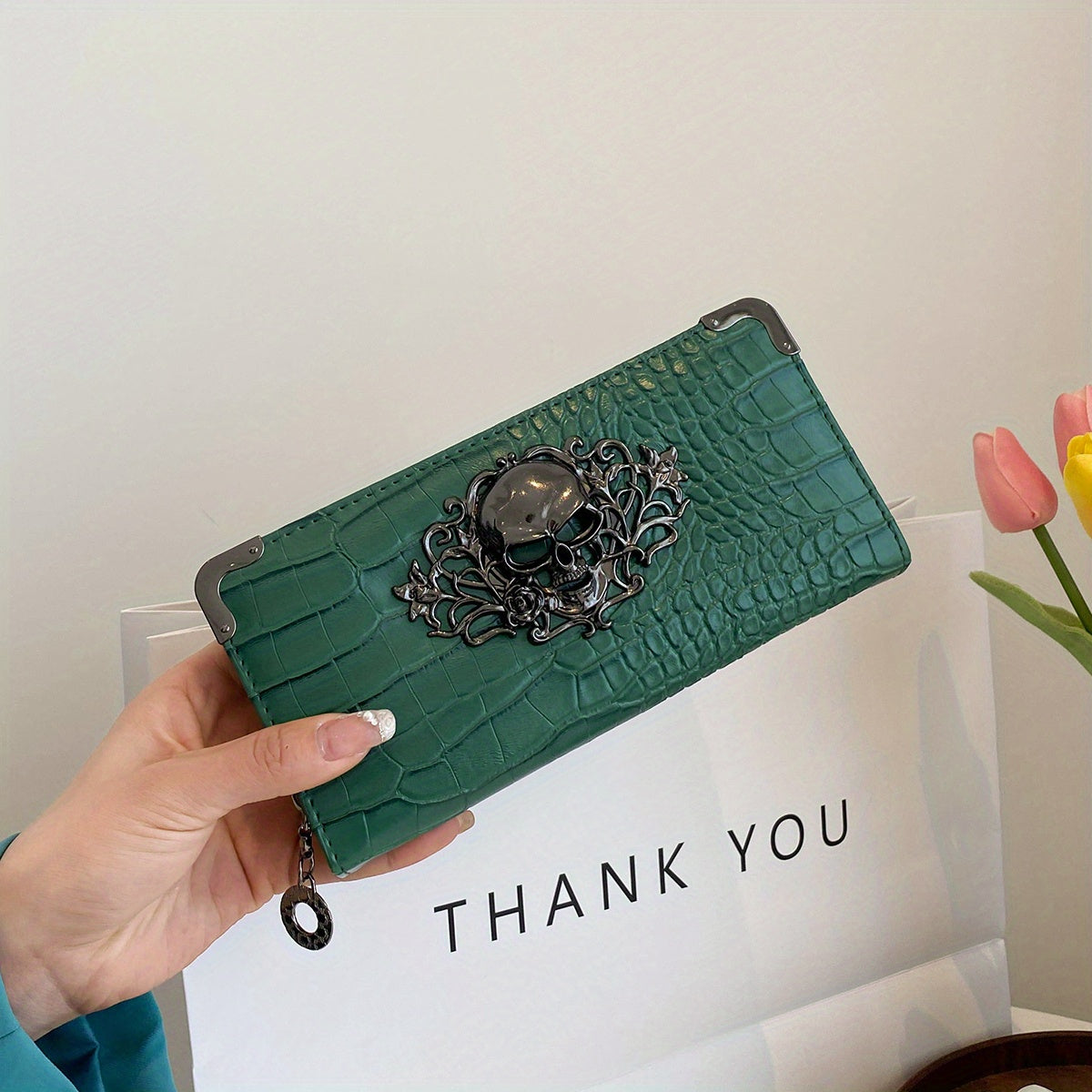 Crocodile Pattern Wallet Faux Leather Credit Card Organizer with Skull Decor