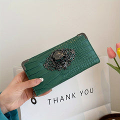 Crocodile Pattern Wallet Faux Leather Credit Card Organizer with Skull Decor