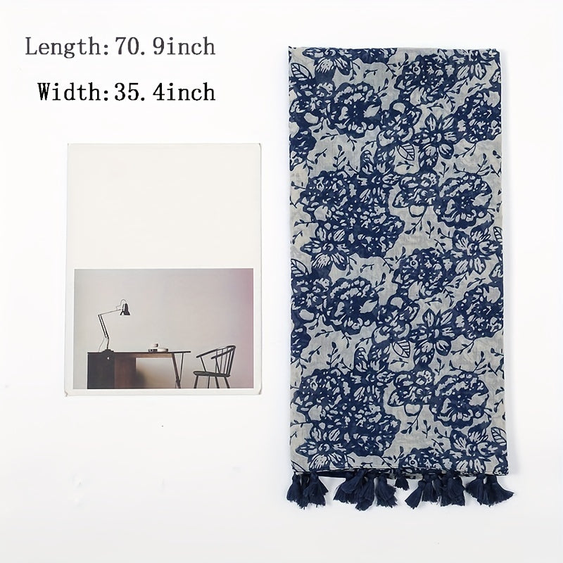 Vintage Flower Print Tassel Scarf Boho Shawl