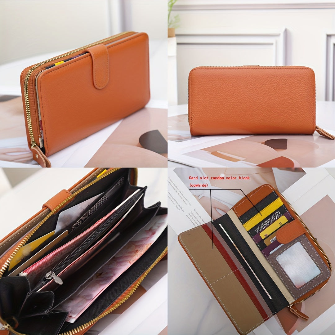 Women's Double Layer Leather Wallet Zippered Phone Holder Light Brown