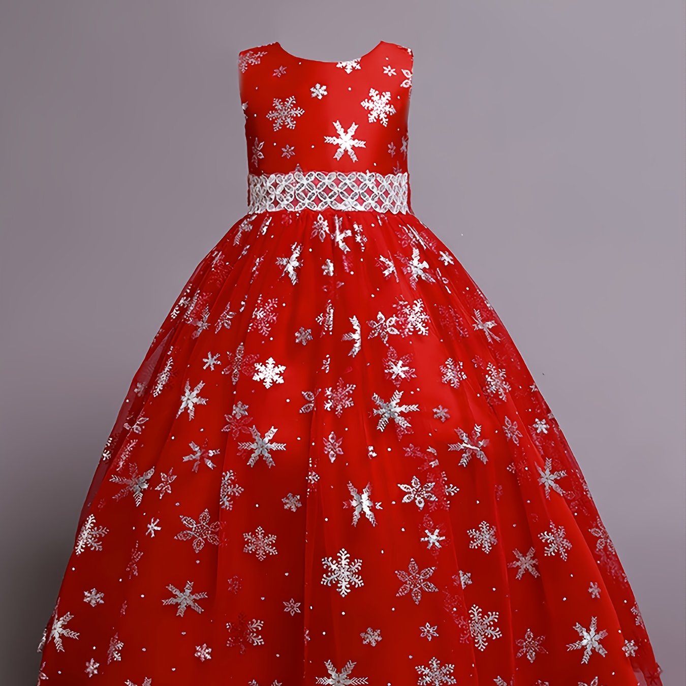 Girls Snowflake Long Dress Sleeveless Mesh Christmas Princess Party