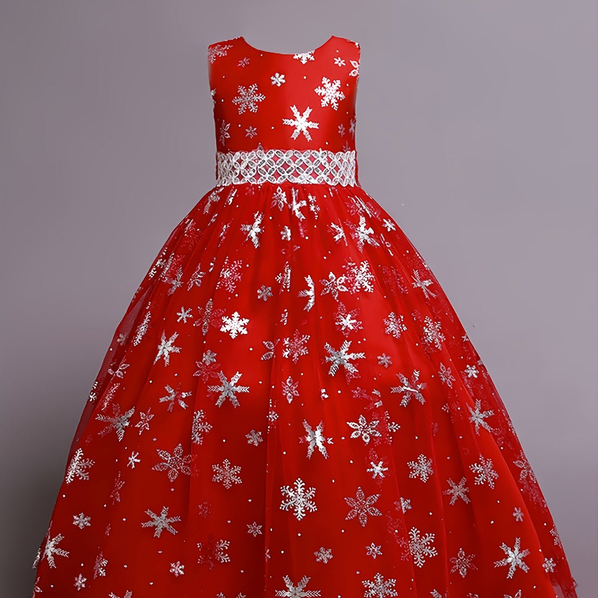 Girls Snowflake Long Dress Sleeveless Mesh Christmas Princess Party
