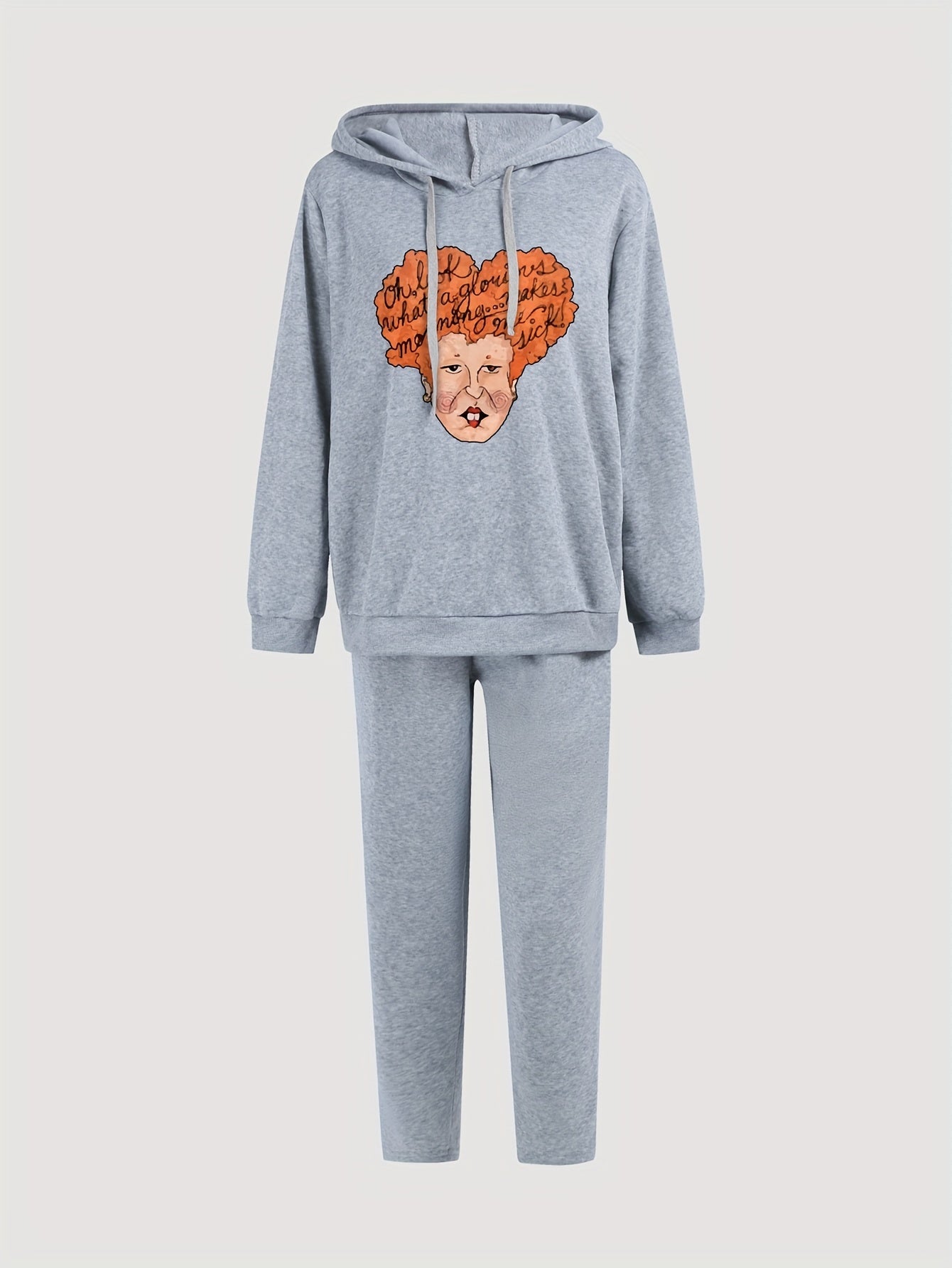  Women's Funny Cartoon Print Hooded Sweatshirt & Sweatpants Set