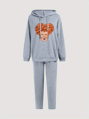  Women's Funny Cartoon Print Hooded Sweatshirt & Sweatpants Set