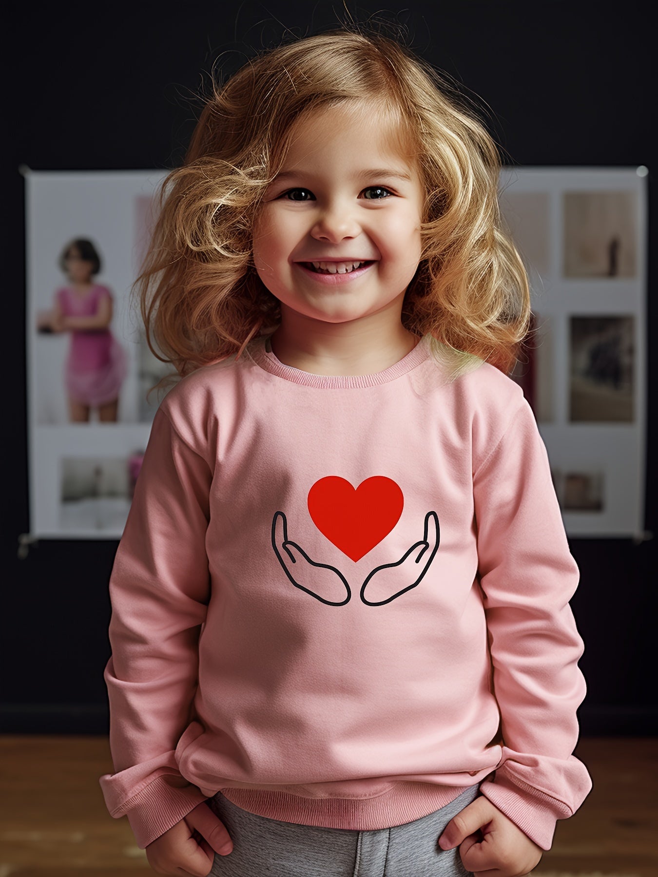 Girls Heart Pattern Crew Neck Sweatshirt For Spring Fall Christmas Gift