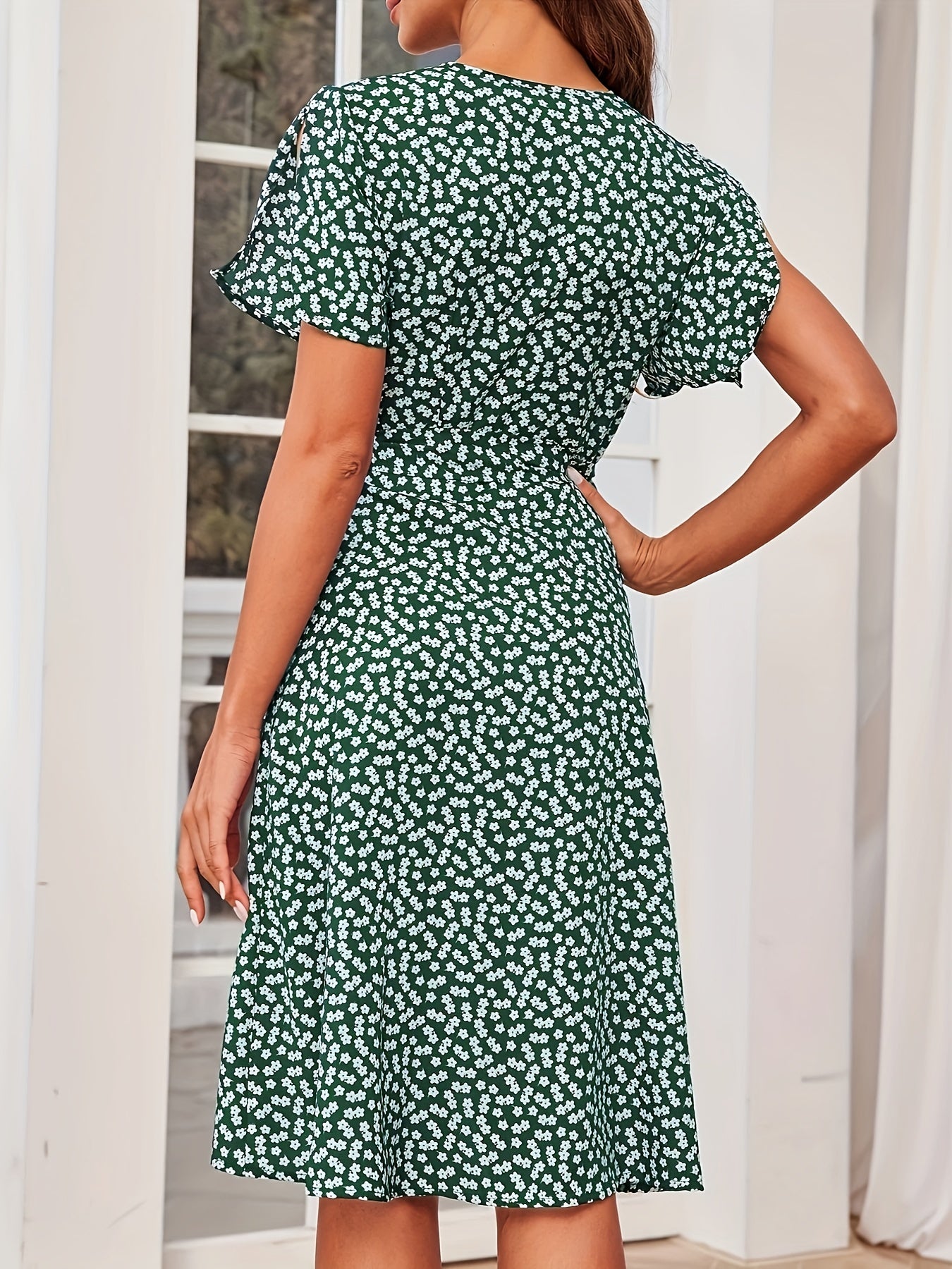 Floral Print Vacation Dress V Neck Short Sleeve Knot Summer Dress