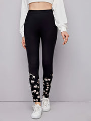  Floral Print Casual Leggings Elastic High Rise