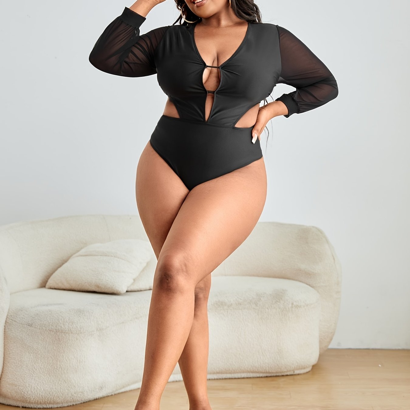  Sexy One Piece Swimsuit Women's Plus Contrast Mesh Cut Out