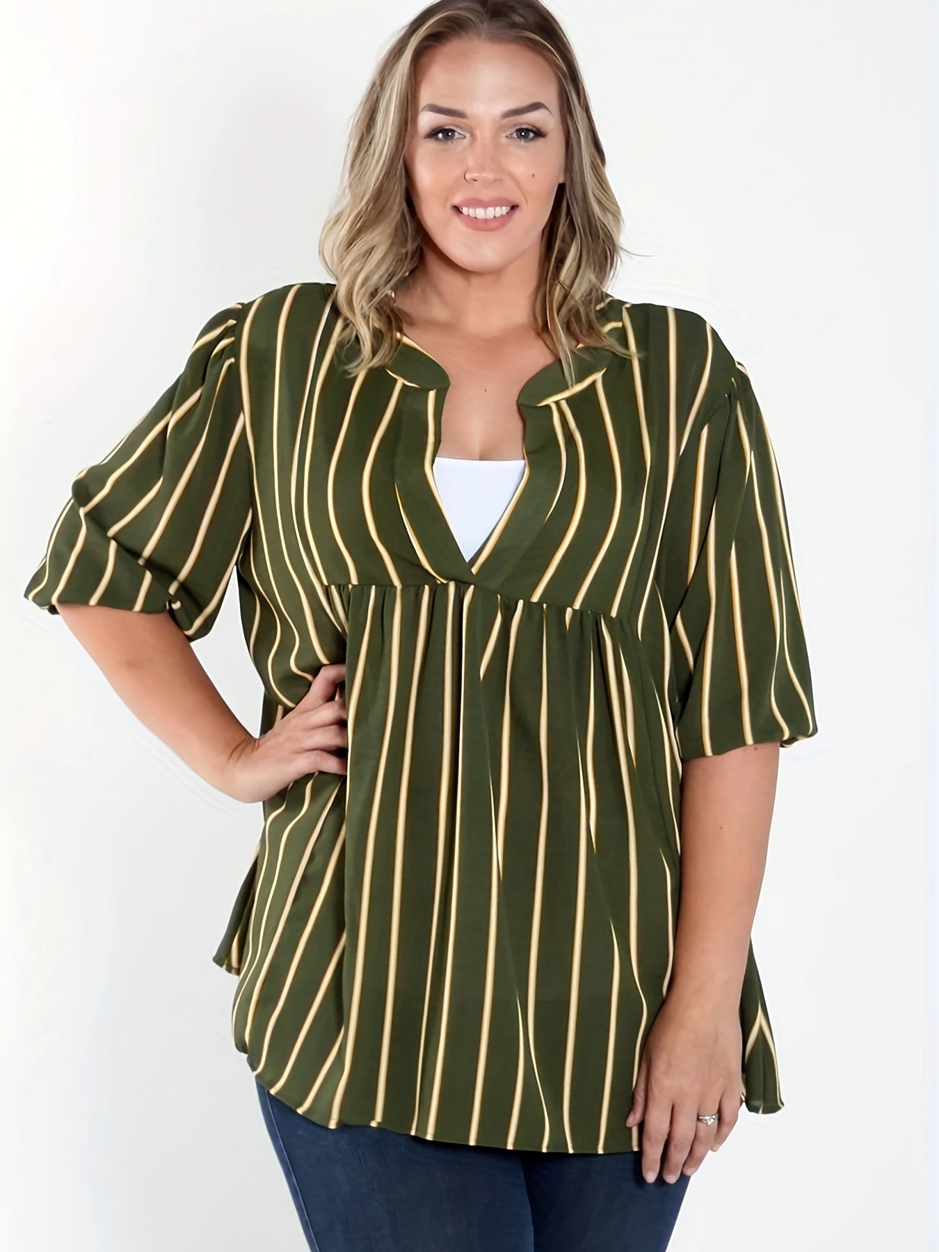  Stripe Print Short Sleeve Blouse