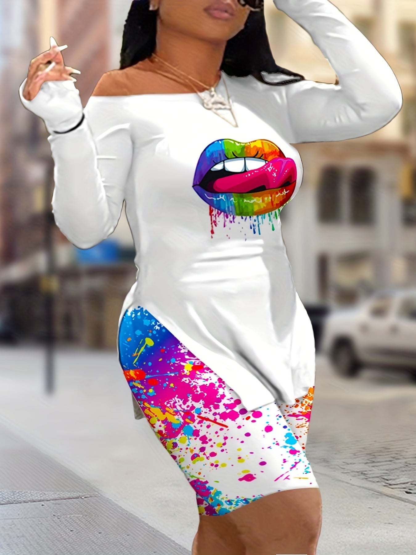 Women's Plus Rainbow Lip & Splash Print Top & Shorts Set