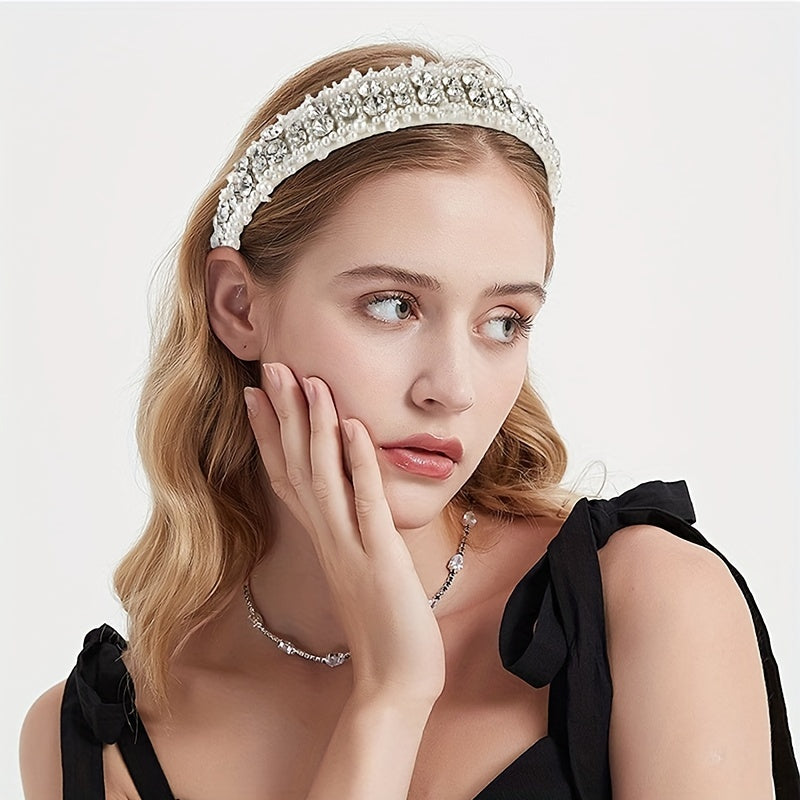 Faux Pearl Rhinestone Headband Wide Glitter Hair Band Girls Padded Headband