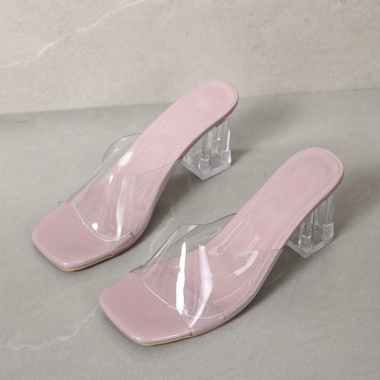 Women's Crystal Chunky Heel Sandals Square Toe Transparent Strap Heels