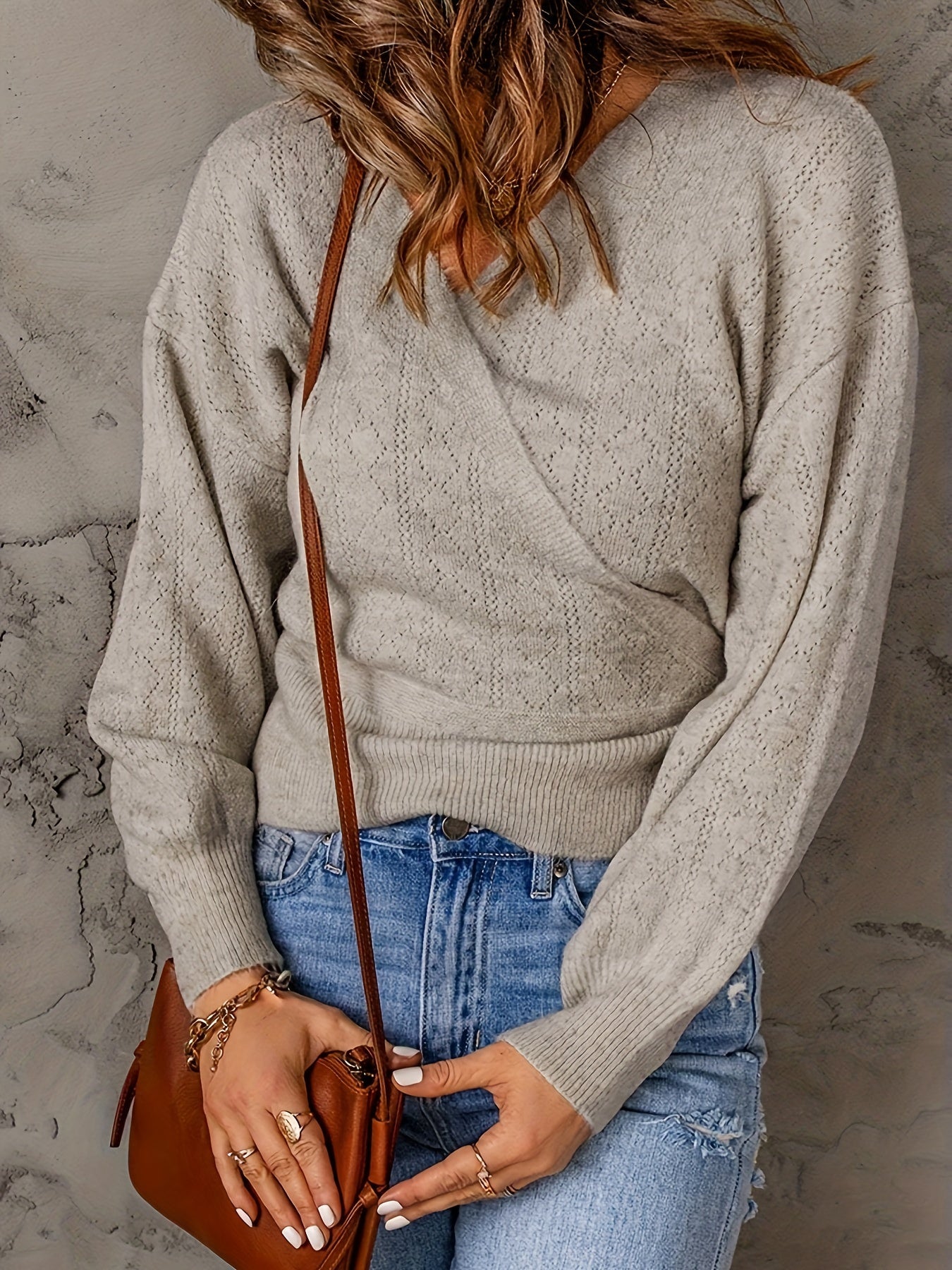  Casual Sweater Women's Plus Solid Print Long Sleeve Surplice Neck Knot