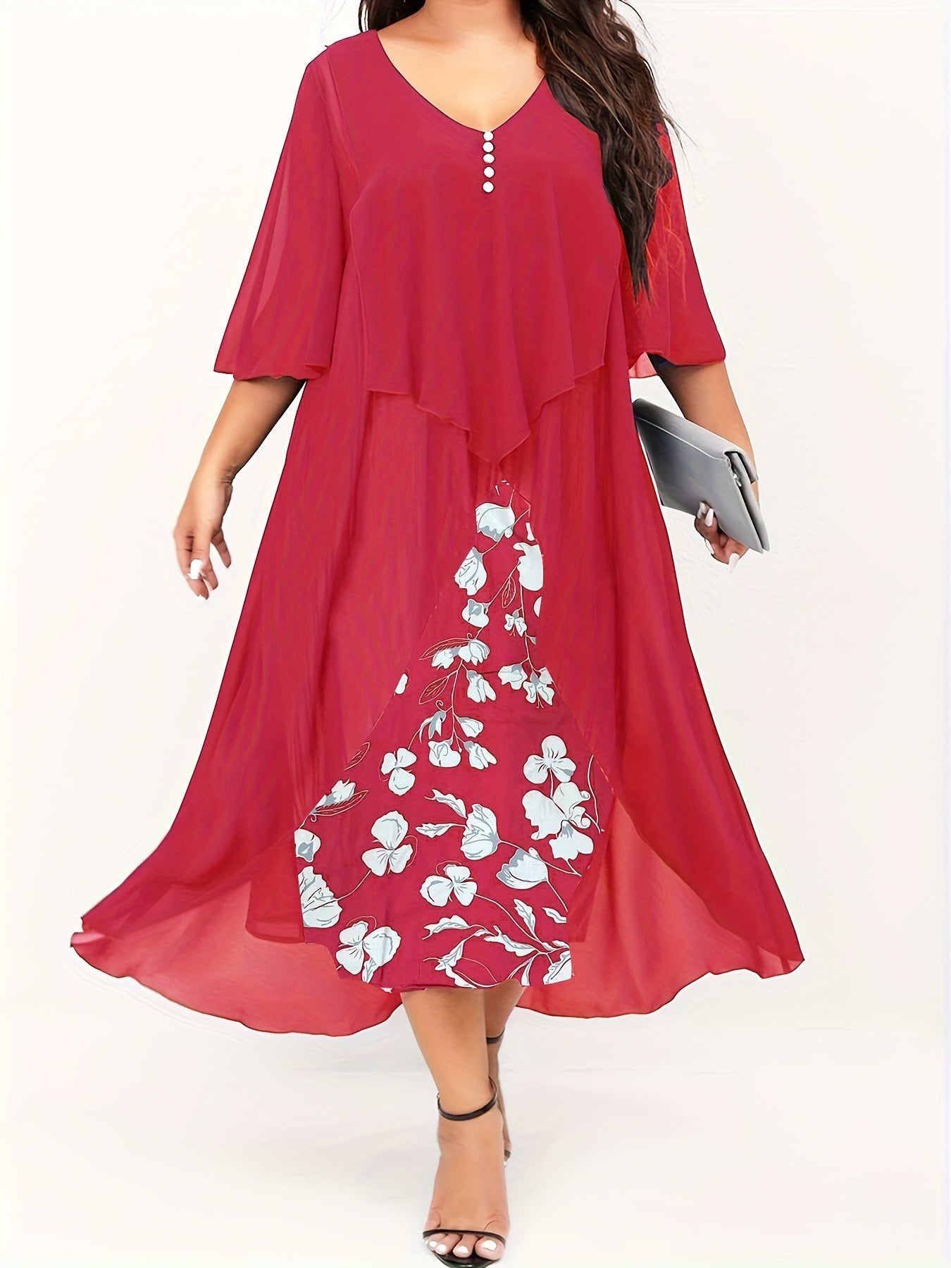  Women's Floral Print Layered Cloak Dress