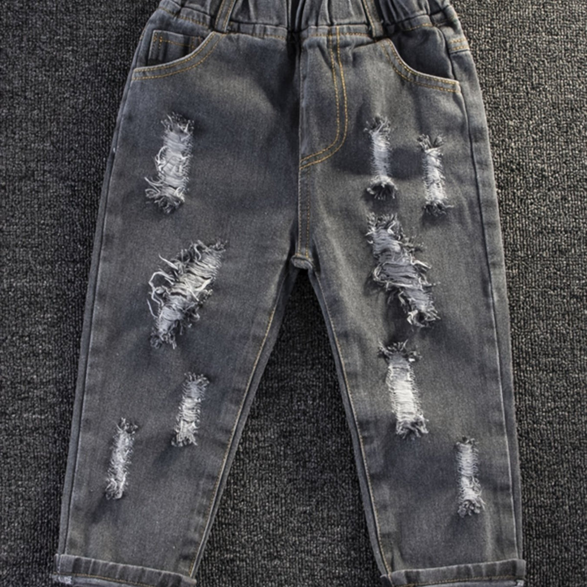 Boys Ripped Jeans Skinny Washed Denim Elastic Waist Long Pants Kids Clothing