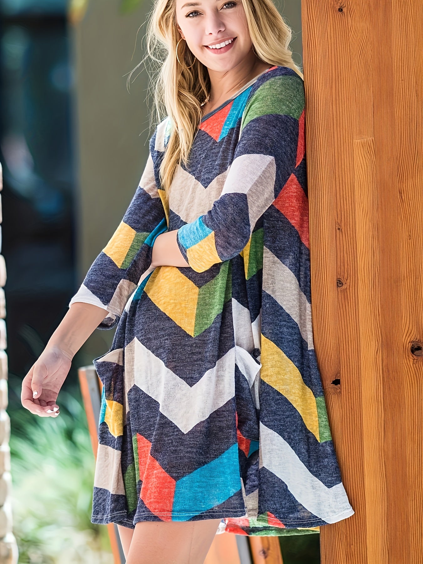  Colorblock Geometric Print Long Sleeve Mini Dress