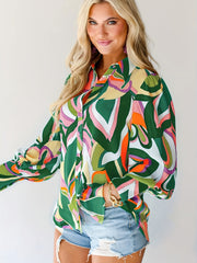  Casual Blouse Women's Plus Random Print Lantern Sleeve Button Up