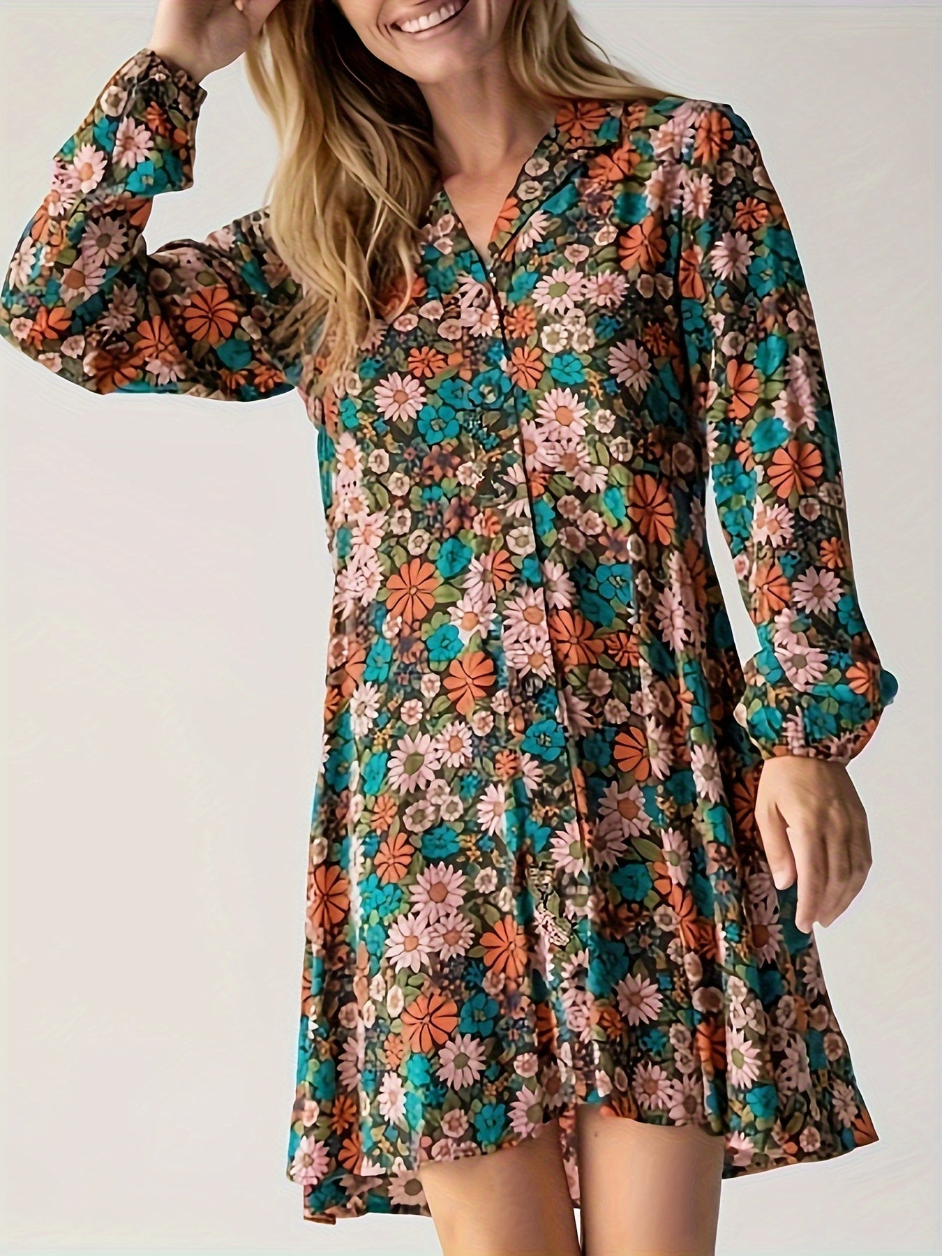  Floral Print Long Sleeve Dress