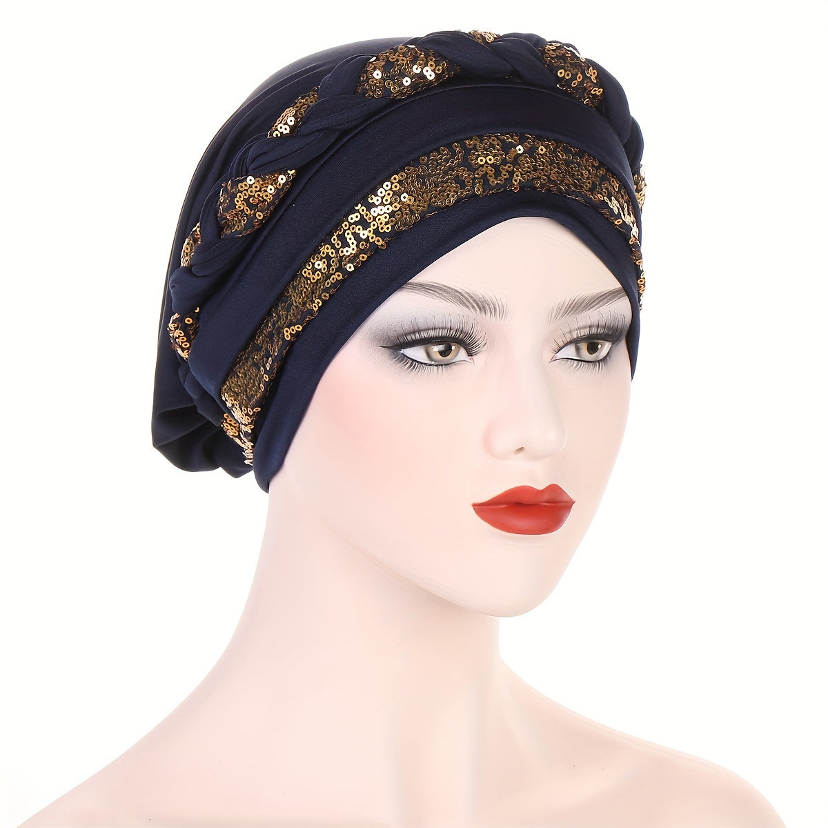 Sequin Braid Turban Cap Solid Pre tied Hijab Head Wraps