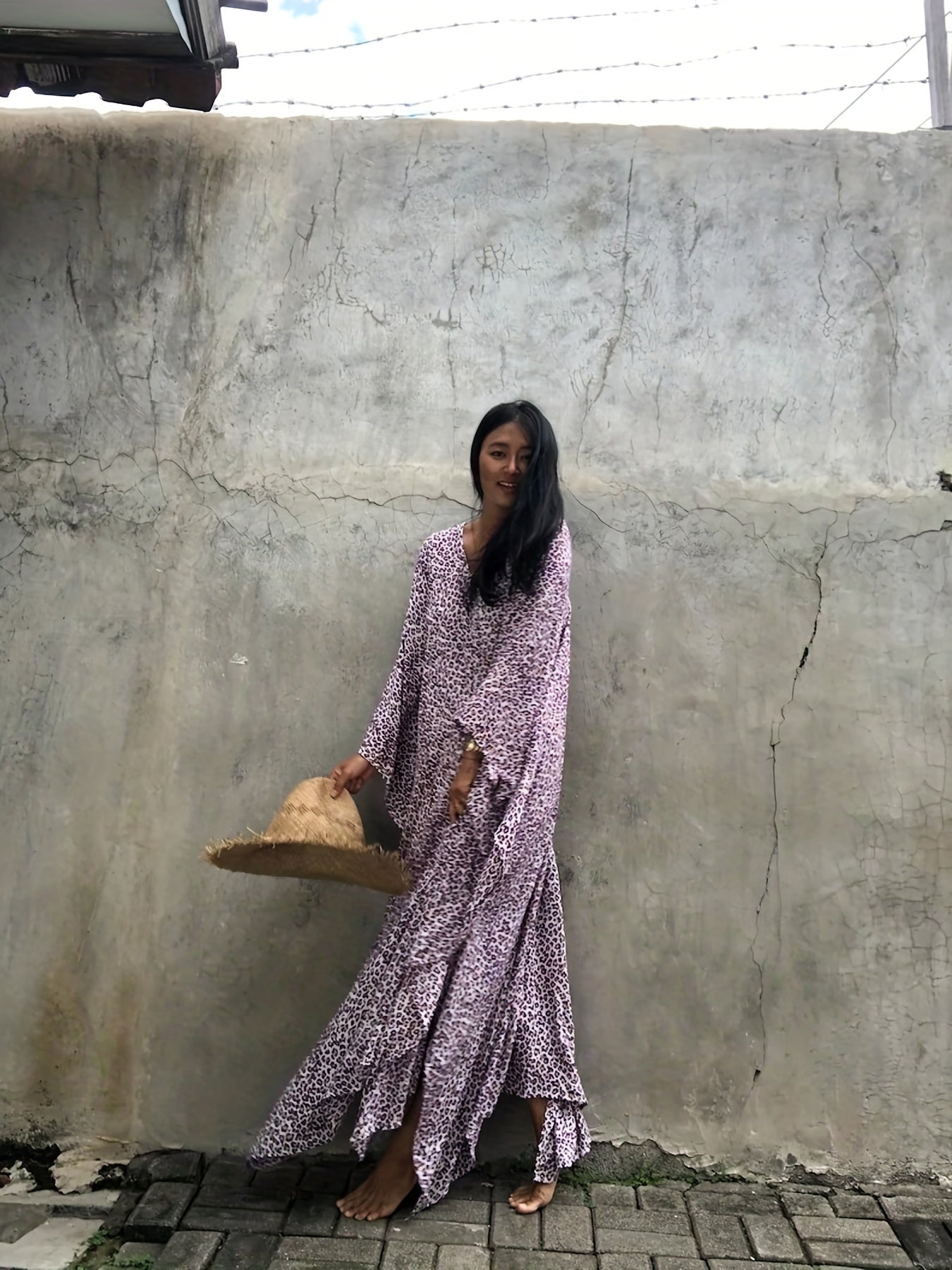  Boho Cover Up Women's Plus Leopard Print V Neck Split Maxi Kaftan