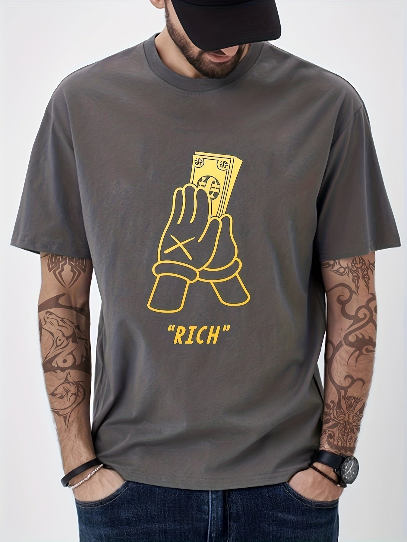 Cotton Pray To Be RICH Money Print Men's Graphic T-shirt