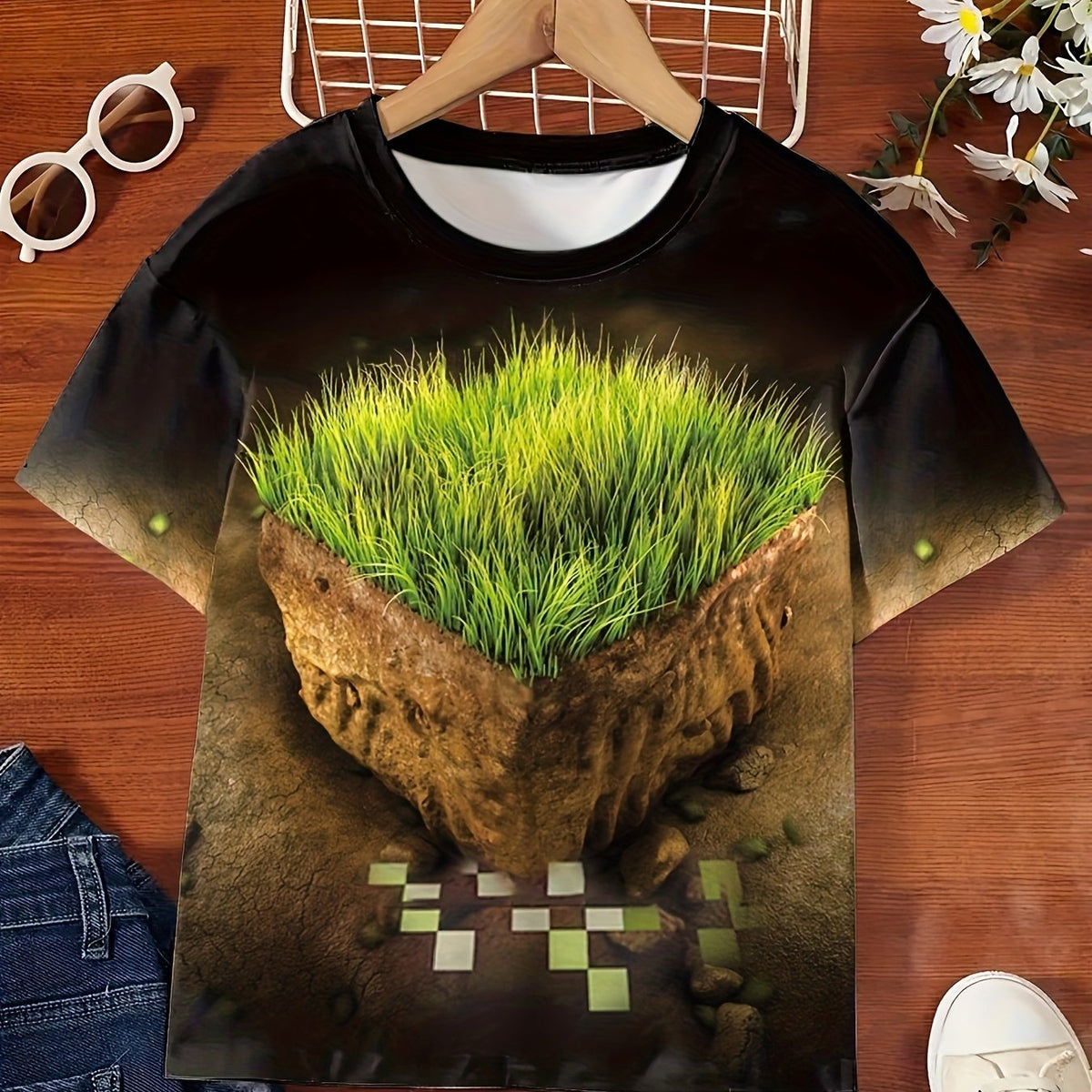 3D Grass Cube Graphic Short Sleeve T shirt For Girls Summer Gift