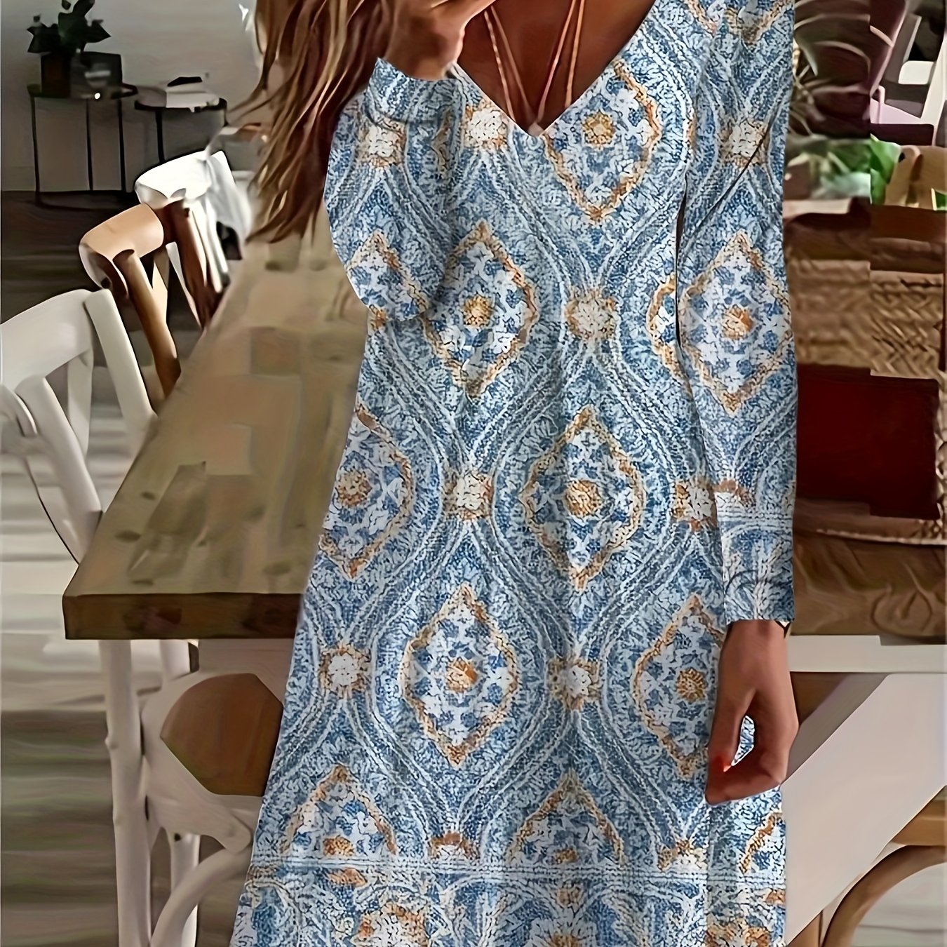 Ethnic Style Maxi Dress Long Sleeve V Neck Stretch