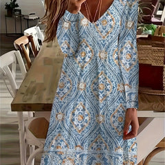  Ethnic Style Maxi Dress Long Sleeve V Neck Stretch