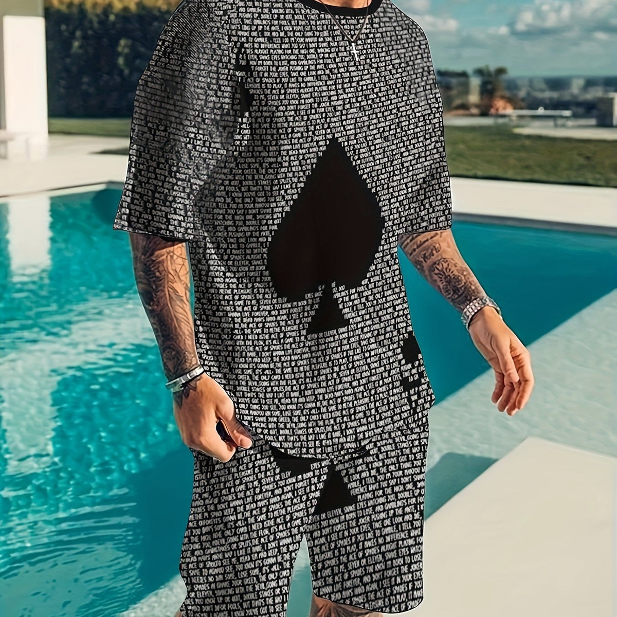 Men's 2 Piece Spade Pattern T-shirt & Shorts Set for Summer