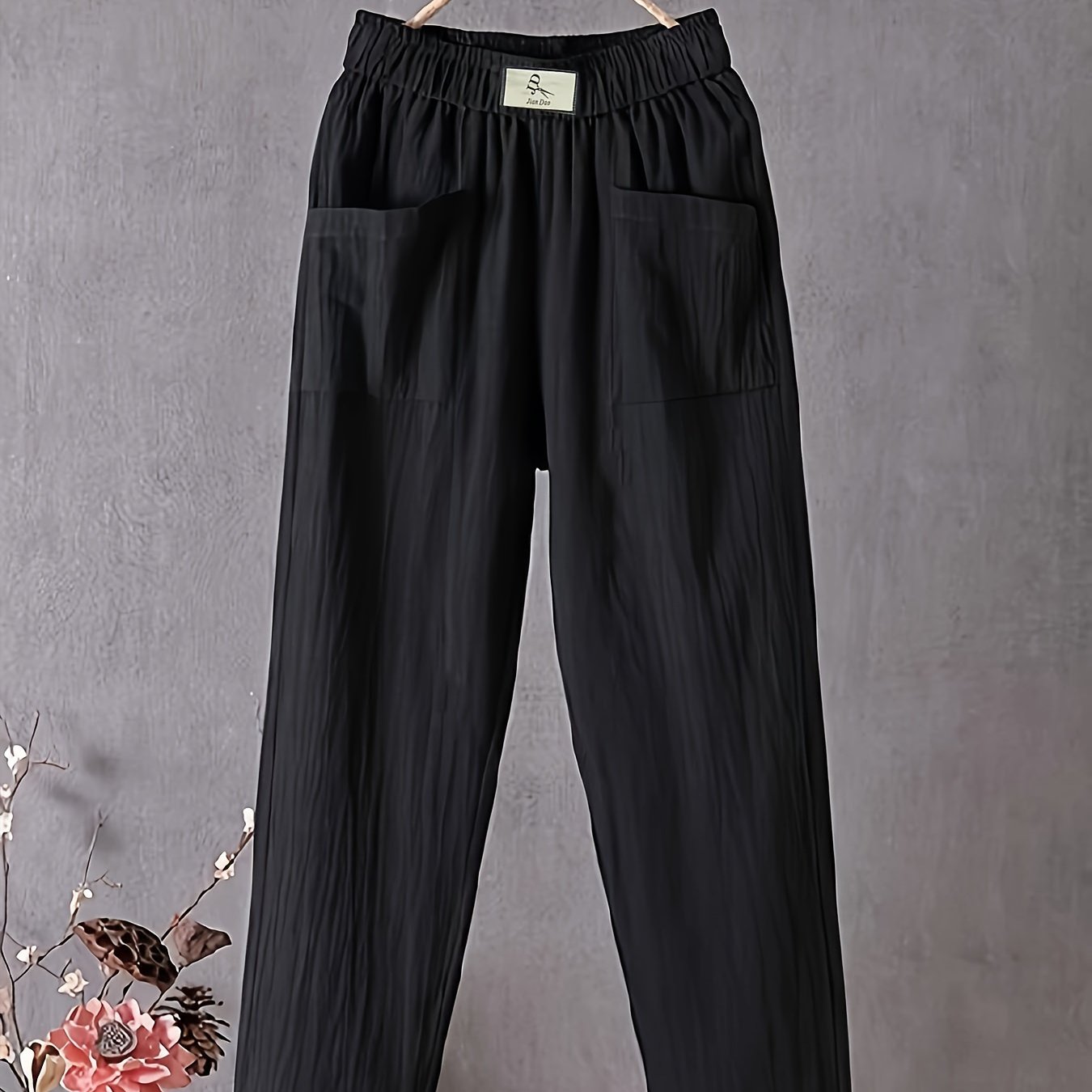  Solid Elastic Waist Casual Pants with Pockets