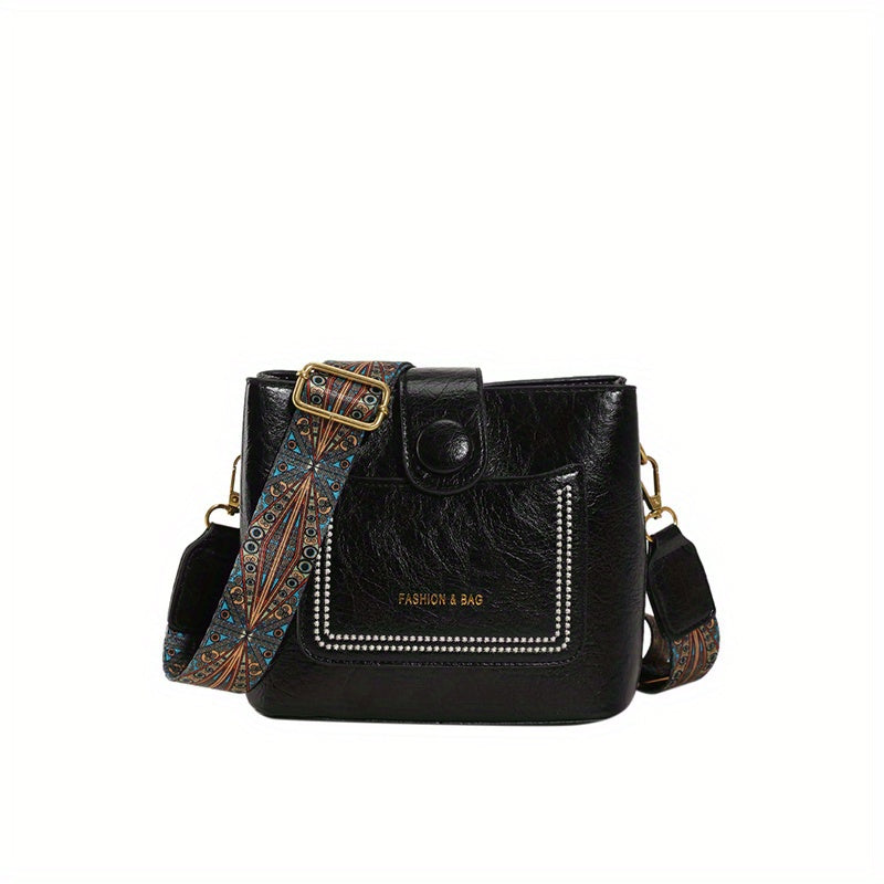 Retro Style Wax Leather Crossbody Bag Wide Strap Shoulder Purse