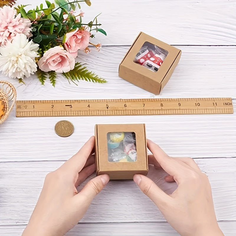 20pcs 2.5x2.5X1.2 Square Brown Paper Drawers PVC Window Lids Gift Boxes